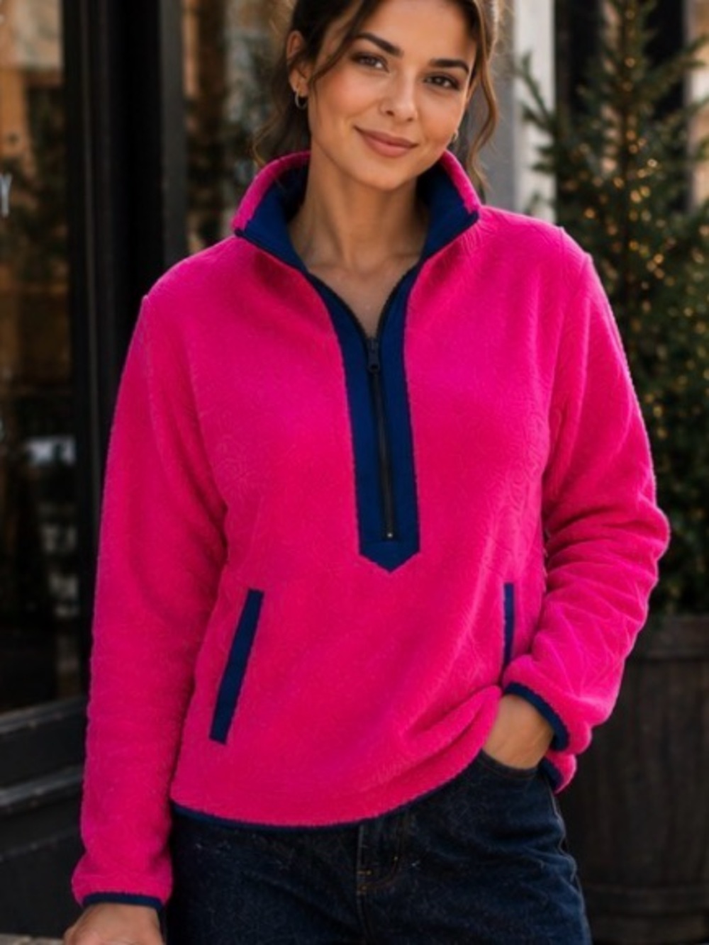 J.Crew Hot Pink Sherpa Fleece Half Zip Pullover Navy